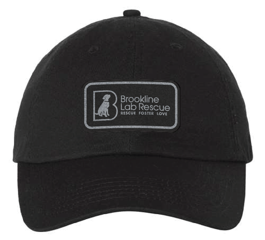 Black dad hat featuring the Brookline Lab Rescue logo in a black and silver leatherette patch. Front view.