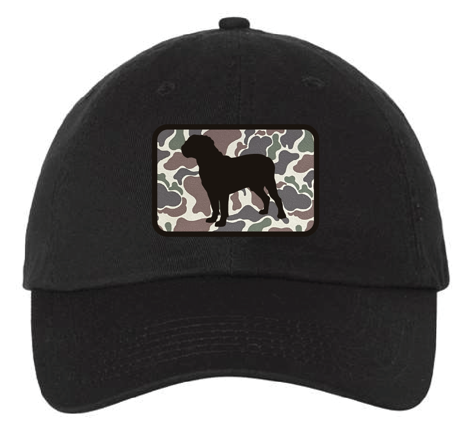 Black dad hat featuring the Dogue de Bordeaux silhouette in a black and camouflage leatherette patch. Front view.