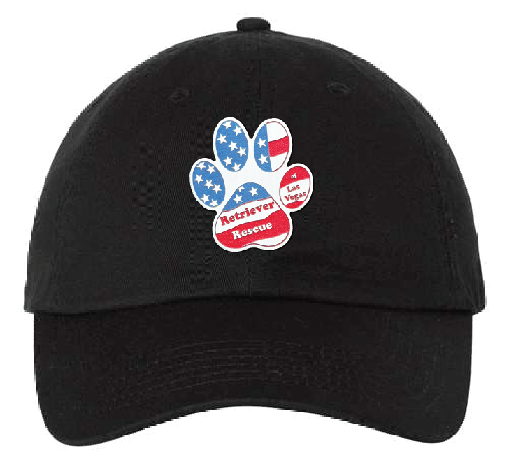 Black dad patch hat with the Retriever Rescue of Las Vegas logo in red white and blue