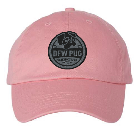 DFW Pug Rescue Dad Patch Hat (Pink Hat, Black and Silver Patch)