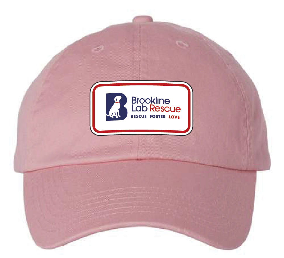 Pink dad hat featuring the Brookline Lab Rescue logo in a red, white, and blue acrylic patch. Front view.