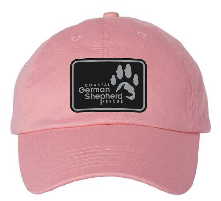 Unstructured hat (Dad) in pink with the Coastal German Shepherd Rescue logo. Patch is black and engraves silver.