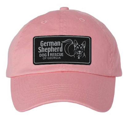 Pink unstructured hat with German Shepherd Rescue of Georgia black and silver patch.