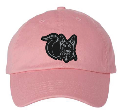 Pink unstructured hat with peach and German Shepherd black and silver patch.