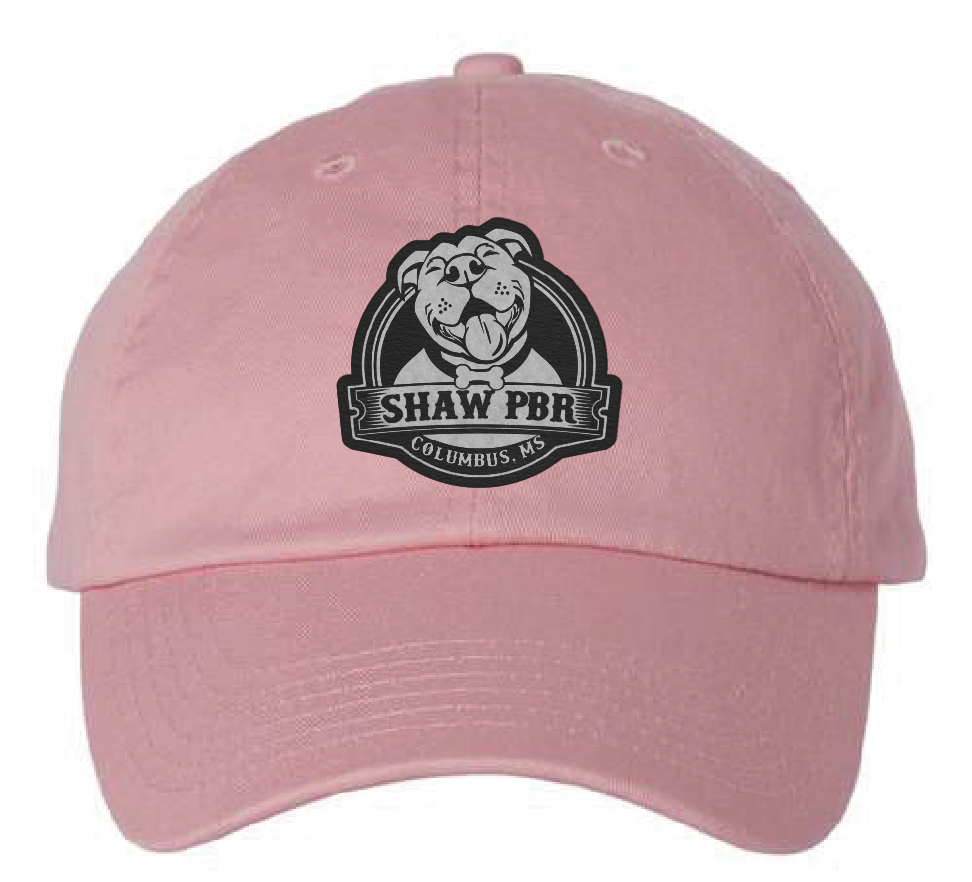 Pink Shaw Pit Bull Rescue dad hat. Black patch engraves to silver.