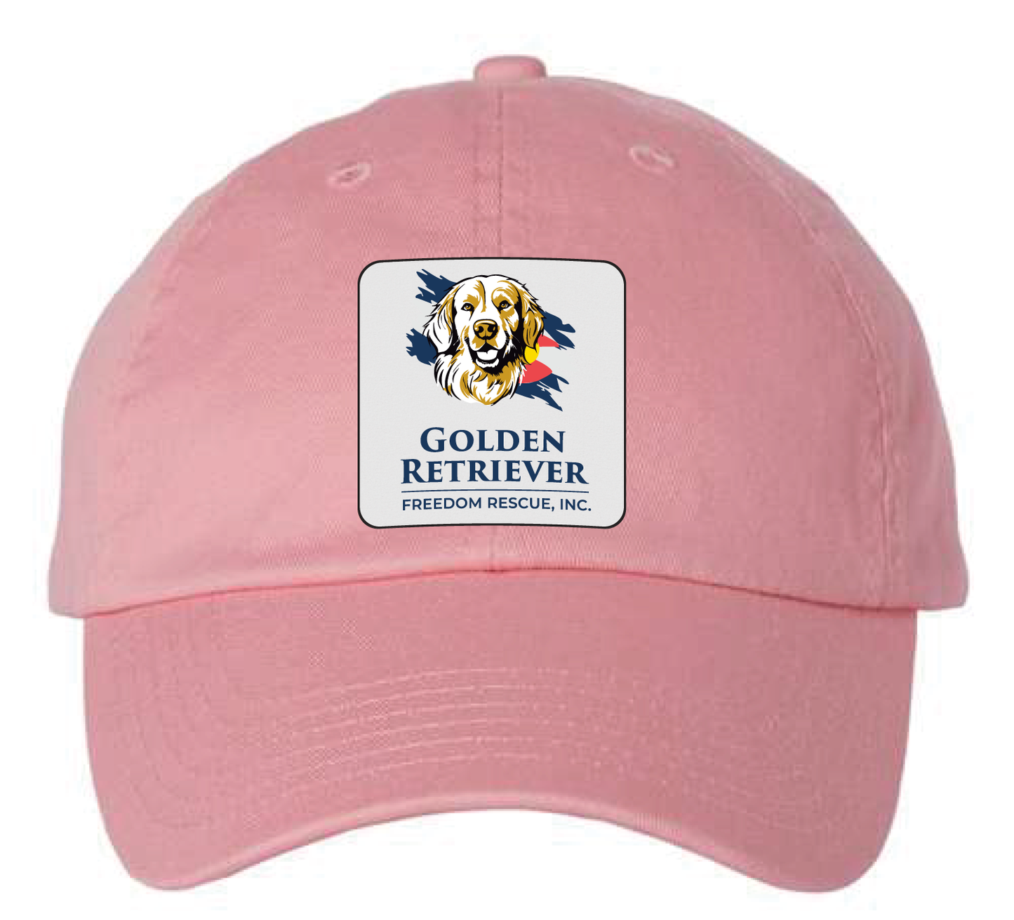 Pink dad hat featuring the Golden Retriever Freedom Rescuelogo in a full color leatherette patch. Front view.