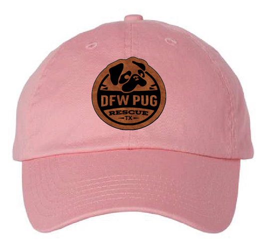 Unstructured pink dad patch hat featuring the DFW Pug Rescue logo on a brown and black patch.