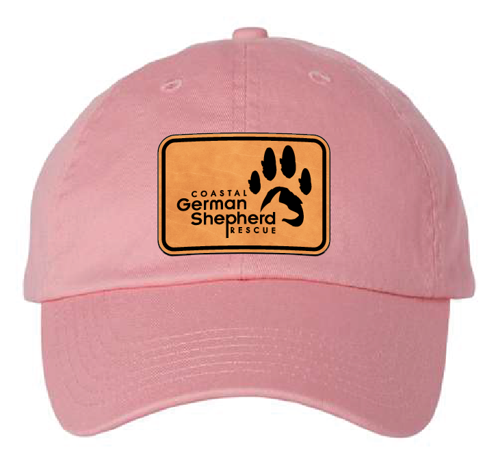 Unstructured hat (Dad) in pink with the Coastal German Shepherd Rescue logo. Patch is leather and engraves black.