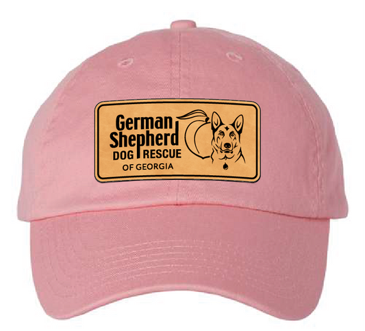 Pink unstructured hat with German Shepherd Rescue of Georgia leather patch.