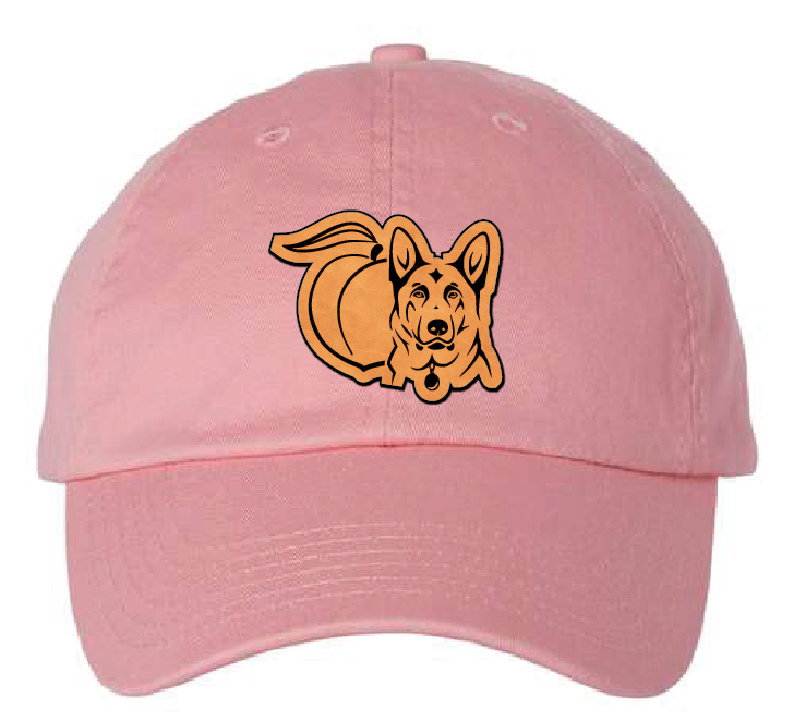 Pink unstructured hat with peach and German Shepherd Rescue leather patch.