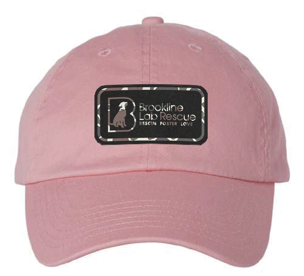 Pink unstructured dad hat featuring the Brookline Lab Rescue loho. Patch is camouflage leatherette and engraves to black.