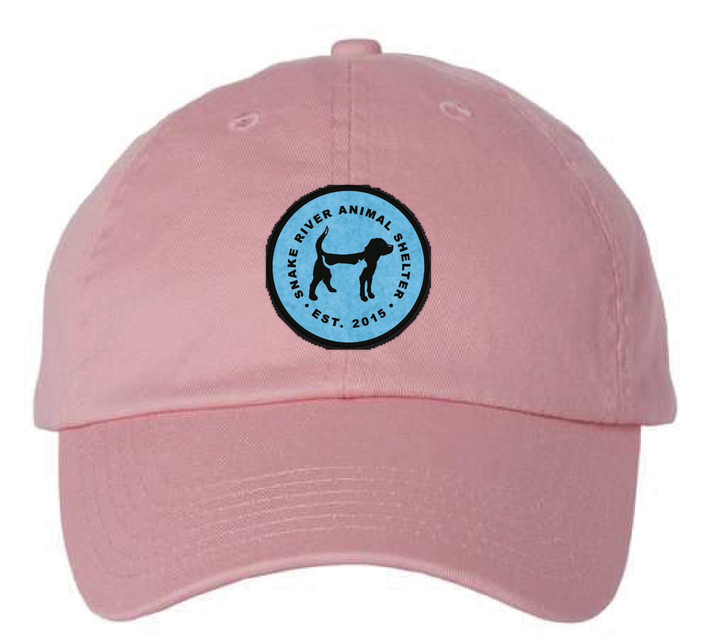 Pink Snake River Animal Shelter patch hat with light blue and black patch.