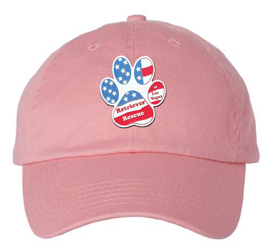 Pink dad patch hat with the Retriever Rescue of Las Vegas logo in red white and blue