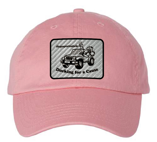 Fuquay Varina Jeep Club Dad Patch Hat (Pink Hat, Carbon Fiber/Black Leatherette Patch)