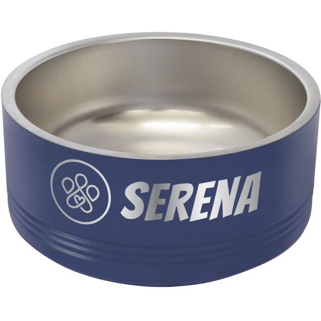 Navy Blue medium laser engraved Pet bowl featuring the Pawfect Match logo and the name "Sernena"
