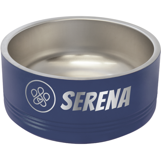 Navy Blue medium laser engraved Pet bowl featuring the Pawfect Match logo and the name "Sernena"