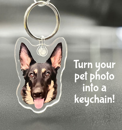 Acrylic keychain of a German Shepherd, custom cut to shape.