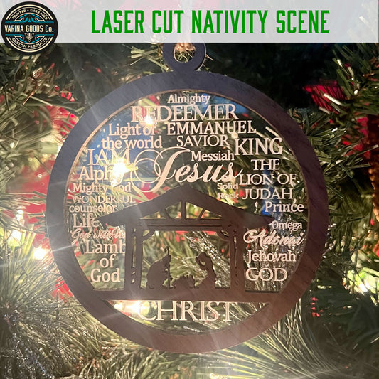 Nativity Scene Names of God ornaments, intricately laser cut nativity scene