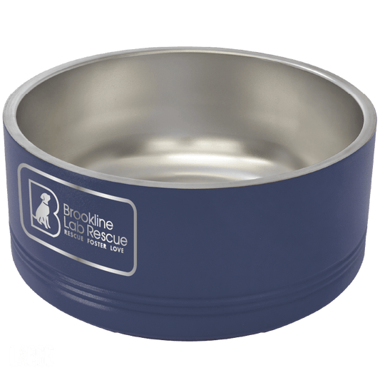 Navy Blue 64 oz large laser engraved pet bowl featuring the Brookline Lab Rescue logo.