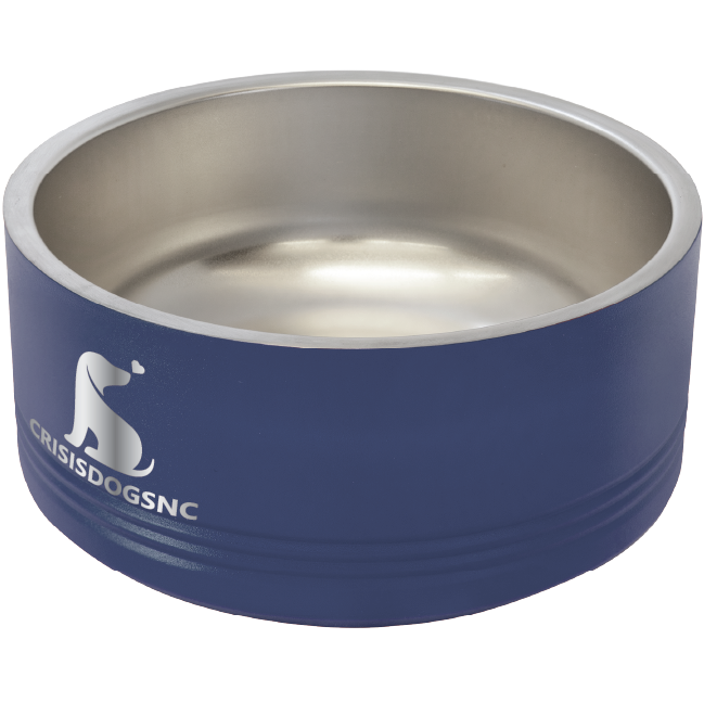 Medium navy blue stainless steel powder coated, laser engraved dog bowl featuring the CrisisDogsNC logo.