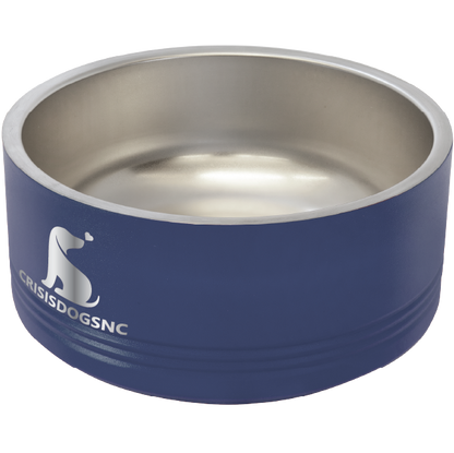 Medium navy blue stainless steel powder coated, laser engraved dog bowl featuring the CrisisDogsNC logo.