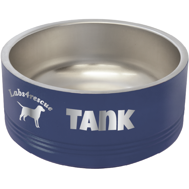 Medium navy blue stainless steel powder coated, laser engraved dog bowl featuring the Labs4rescue logo. Featuring the name "Tank"