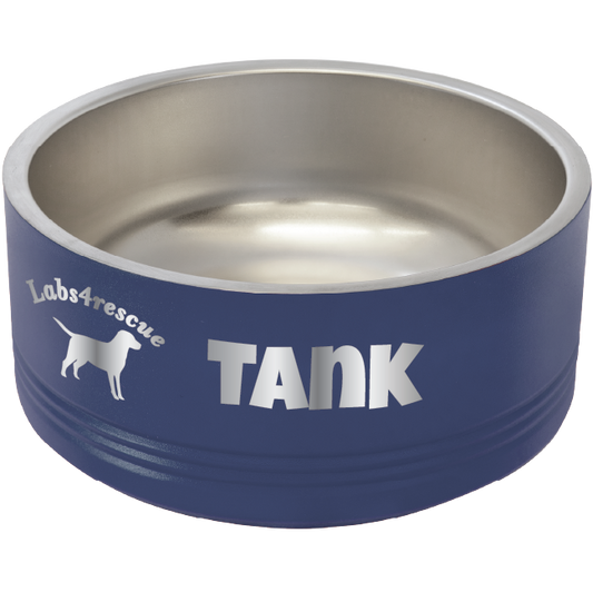 Medium navy blue stainless steel powder coated, laser engraved dog bowl featuring the Labs4rescue logo. Featuring the name "Tank"