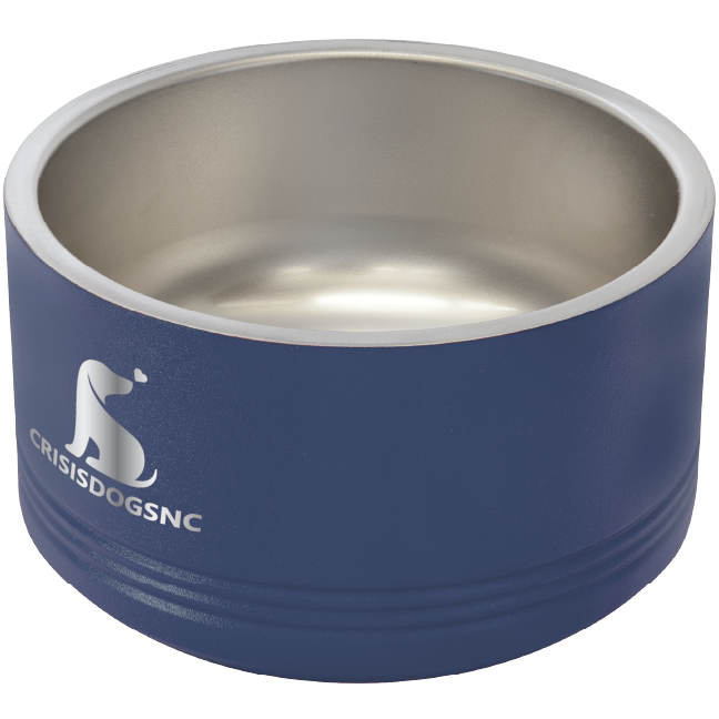 Small navy blue stainless steel powder coated, laser engraved dog bowl featuring the CrisisDogsNC logo.