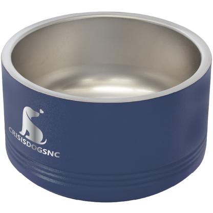 Small navy blue stainless steel powder coated, laser engraved dog bowl featuring the CrisisDogsNC logo.