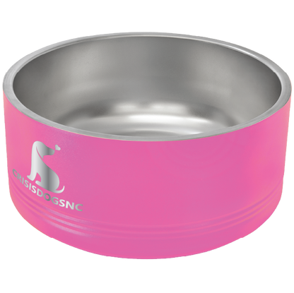 Medium pink stainless steel powder coated, laser engraved dog bowl featuring the CrisisDogsNC logo.