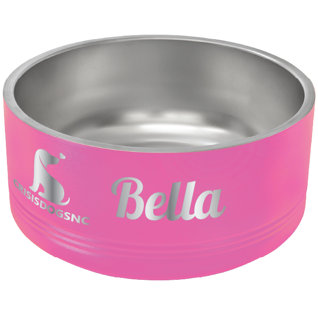 Medium pink stainless steel powder coated, laser engraved dog bowl featuring the CrisisDogsNC logo.