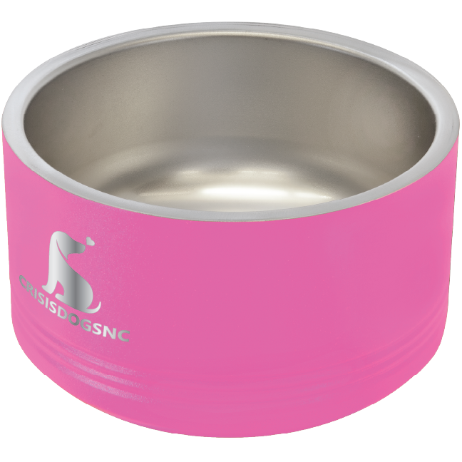 Small pink stainless steel powder coated, laser engraved dog bowl featuring the CrisisDogsNC logo.