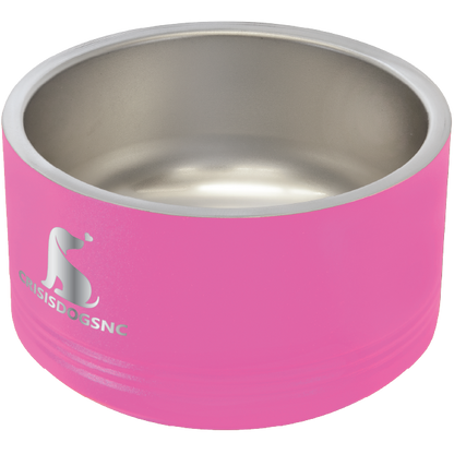 Small pink stainless steel powder coated, laser engraved dog bowl featuring the CrisisDogsNC logo.