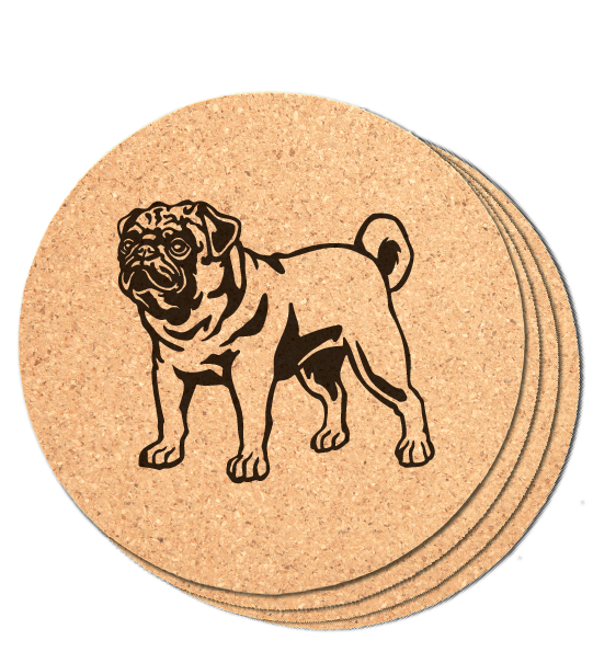Round Cork Coaster with Laser engraved Pug dog, standing, set of 4