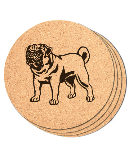 Round Cork Coaster with Laser engraved Pug dog, standing, set of 4