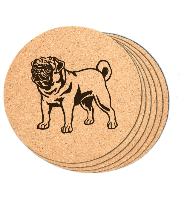 Round Cork Coaster with Laser engraved Pug dog, standing, set of 6