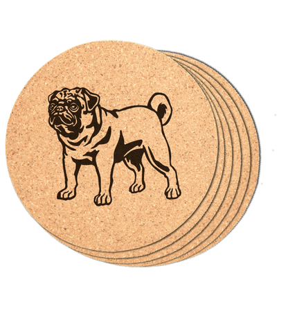 Round Cork Coaster with Laser engraved Pug dog, standing, set of 6