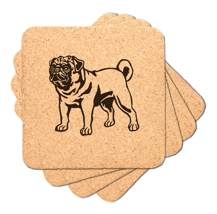 Square Cork Coaster with Laser engraved Pug dog, standing, set of 4