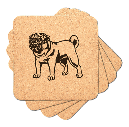 Square Cork Coaster with Laser engraved Pug dog, standing, set of 4