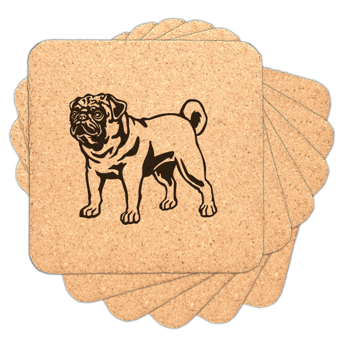 Square Cork Coaster with Laser engraved Pug dog, standing, set of 6