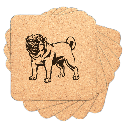 Square Cork Coaster with Laser engraved Pug dog, standing, set of 6