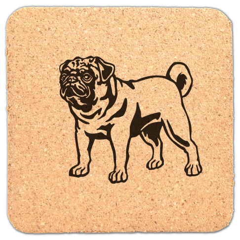 Square Cork Coaster with Laser engraved Pug dog, standing