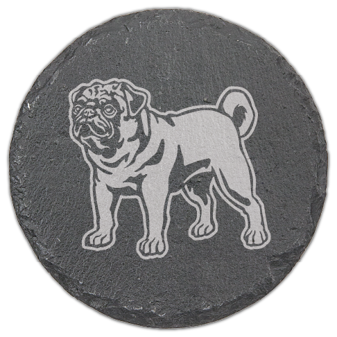 Round Slate Coaster with Laser engraved Pug dog, standing