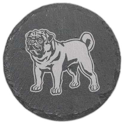 Round Slate Coaster with Laser engraved Pug dog, standing