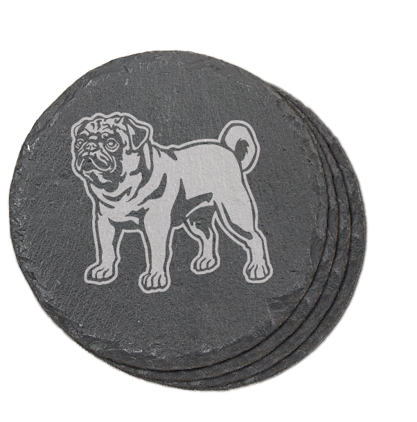 Round Slate Coaster with Laser engraved Pug dog, standing, set of 4