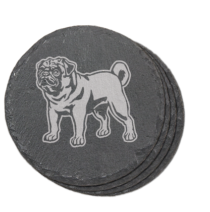Round Slate Coaster with Laser engraved Pug dog, standing, set of 4