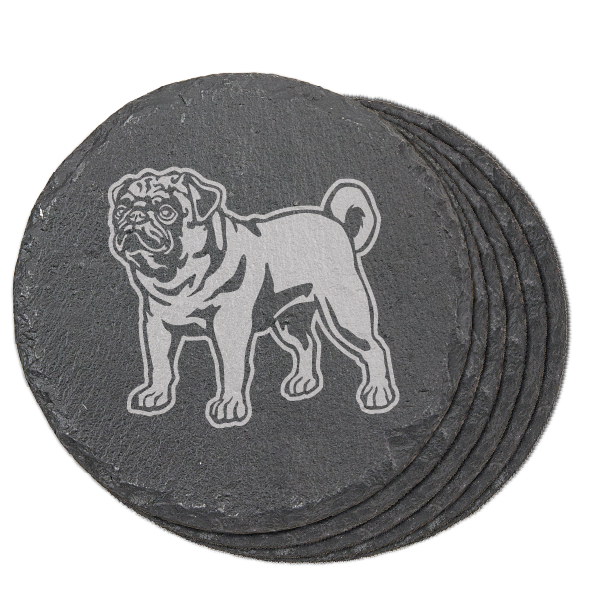 Round Slate Coaster with Laser engraved Pug dog, standing, set of 6