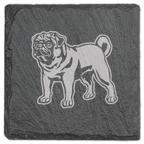 Square Slate Coaster with Laser engraved Pug dog, standing,