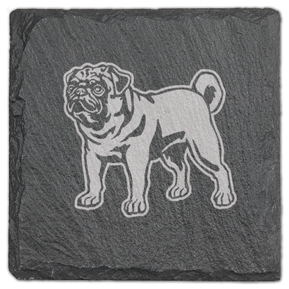Square Slate Coaster with Laser engraved Pug dog, standing,
