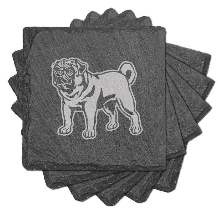 Square Slate Coaster with Laser engraved Pug dog, standing, set of 6